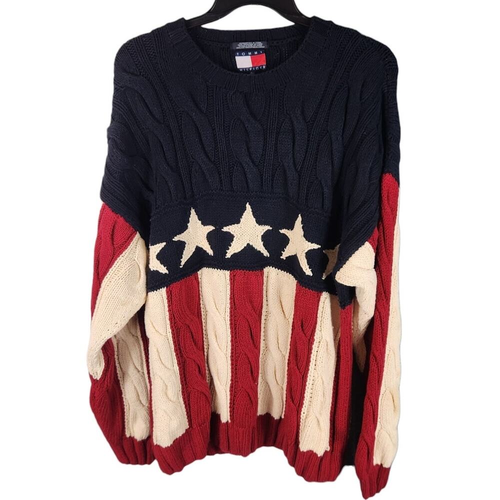 Vintage Tommy Hilfiger USA Stars and Stripes Cable Knit Sweater men's XL